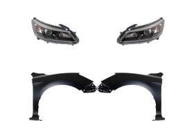 Headlight Assembly for 2013-2015 Honda Accord, Right (Passenger) and Left (Driver), 4-Piece Kit with Halogen and Fenders, Replacement