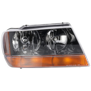 Headlight Assembly for Jeep Grand Cherokee 1999-2002, Right Passenger Side, Halogen, Black Interior, Excludes Limited/Overland Models, up to 01-14-2002, Replacement