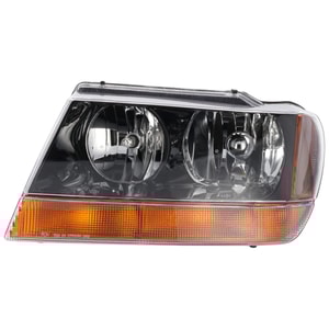 Headlight Assembly for Jeep Grand Cherokee 1999-2002, Left Driver, Halogen, Black Interior, Excludes Limited/Overland Models, Up to 01-14-2002, Replacement