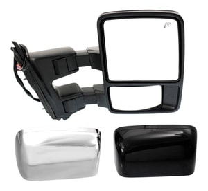 Towing Mirror for Ford F-Series Super Duty 2008-2009, Right Passenger, Power, Power-Folding, Heated, Chrome/Paintable, 2 Caps, with Auto Extend, Memory, and Signal Light, Replacement