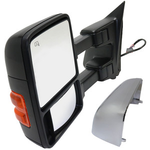 Towing Mirror for Ford F-Series Super Duty 2010-2016, Left Driver Side, Power Folding, Heated, Chrome/Paintable, 2 Caps, Auto Extend, Memory, Signal Light, Side Marker - Replacement Models: F-250, F-350, F-450, F-550.
