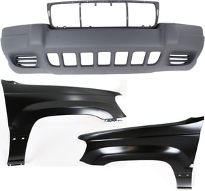 Front Bumper Cover Assembly for Jeep Grand Cherokee 1999-2003, 3-Piece Kit with Fenders, Replacement