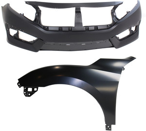 Front Bumper Cover for Honda Civic 2016-2018, 2-Piece Kit with Fender Assembly, Replacement