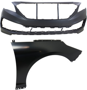 Front Bumper Cover Assembly for HYUNDAI SONATA 2015-2017, 2-Piece Kit, Primed (Ready to Paint), with Fender, Replacement