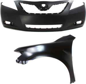 Front Bumper Cover Assembly for Toyota Camry 2007-2009, Primed (Ready to Paint), with Fog Light Holes, 2-Piece Kit, includes Fender Replacement