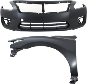 Front Bumper Cover Assembly for 2013-2015 Nissan Altima Sedan, 2-Piece Kit, Primed (Ready to Paint), with Fender, Replacement