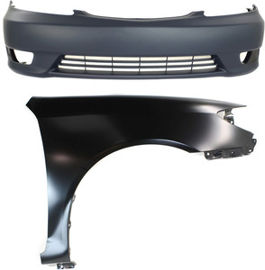 Front Bumper Cover Assembly for 2005-2006 Toyota Camry, 2-Piece Kit, Primed (Ready to Paint), with Fog Light Holes, without Parking Aid Sensor Holes, Includes Fender, Replacement