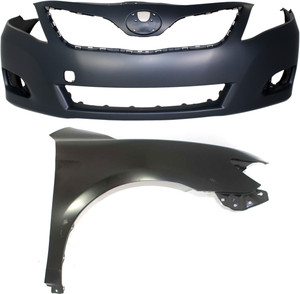 Front Bumper Cover Assembly for 2010-2011 Toyota Camry, Primed (Ready to paint), with Fog Light Holes, 2-Piece kit, Includes Fender, Replacement Parts