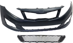 Front Bumper Cover for 2014-2015 KIA OPTIMA, Primed (Ready to Paint), with Fog Light Holes, 2-Piece Kit, Includes Bumper Grille, Replacement
