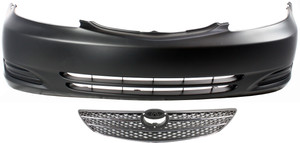 Front Bumper Cover for 2002-2004 Toyota Camry, Primed (Ready to Paint), Without Fog Light Holes, 2-Piece kit, Includes Grille - Replacement