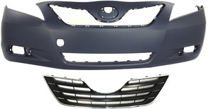 Front Bumper Cover Kit for 2007-2009 Toyota Camry XLE Models, Japan Built, Primed (Ready to Paint), 2-Piece, Includes Grille, Replacement