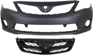 Front Bumper Cover for Toyota Corolla 2011-2013, 2-Piece Kit, Primed (Ready to Paint), with Fog Light Holes, without Parking Aid Sensor Holes, includes Grille Replacement