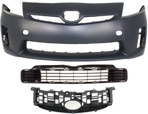 Front Bumper Cover for 2010-2011 Toyota Prius, 3-Piece kit with Bumper Grille and Grille, Primed (Ready to Paint), with Fog Light Holes, Replacement