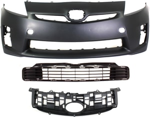 Front Bumper Cover Kit for 2010-2011 Toyota Prius, 3-Piece, Primed (Ready to Paint), with Fog Light Holes, Parking Aid Sensor Holes, Bumper Grille and Grille, Replacement 