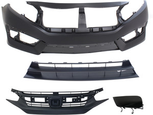 Front Bumper Cover Kit for 2016-2018 Honda Civic, 4-Piece Set with Bumper Filler, Bumper Grille and Grille Assembly Replacement