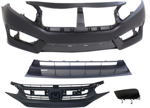 Front Bumper Cover Kit for 2016-2018 Honda Civic, 4-Piece Set with Bumper Filler, Bumper Grille and Grille Assembly Replacement