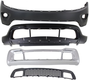 Front Bumper Cover for Jeep Grand Cherokee 2014-2016, Upper and Lower, Primed (Ready to Paint) Top; Textured Bottom, 4-Piece Kit with Bumper Grilles Replacement