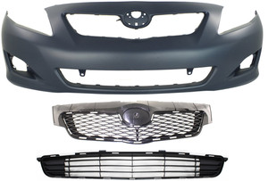 Front Bumper Cover for 2009-2010 Toyota Corolla, 3-Piece Kit with Bumper Grille and Grille, Replacement