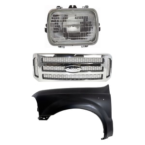 3-Piece Chrome Grille Kit with Painted Gray Insert for 2005-2007 Ford F-250 Super Duty/F-350 Super Duty, Includes Fender and Headlight, Replacement