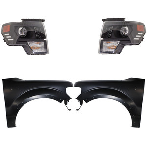 Headlight Assembly Kit for 2013-2014 Ford F-150: Right Passenger and Left Driver 4-Piece LED Kit, Includes Fenders - Replacement