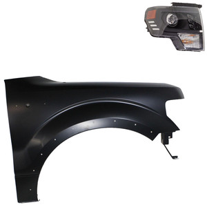 Headlight Assembly Kit for Ford F-150 2013-2014, Right Passenger Side, LED, with Fender, 2-Piece Set, Replacement