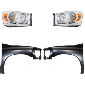 Headlight Assembly Kit for Dodge Ram 1500 (2006-2008), Ram 2500/Ram 3500 (2006-2009) - Right Passenger and Left Driver, Halogen, 4-Piece Kit with Fenders, Replacement