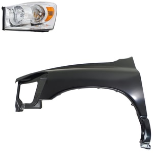 Headlight Assembly Kit for Dodge Ram 1500 (2006-2008) / Ram 2500 / Ram 3500 (2006-2009), Left Driver, Halogen, 2-Piece Kit, with Fender Replacement