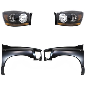 Headlight Assembly for DODGE RAM 1500 (2006-2008), RAM 2500/RAM 3500 (2006-2009), Right Passenger and Left Driver, Halogen, 4-Piece Kit, with Fenders, Replacement
