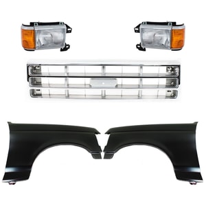 Front Fender Replacement Kit for 1987-1988 Ford Bronco/F-150/F-250/F-350, Right Passenger and Left Driver, Primed (Ready to Paint), 5-Piece with Grille and Headlights