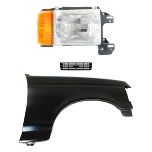 Front Fender Right Passenger 3-Piece Kit with Grille and Headlight for 1989-1991 Ford Bronco, F-150, F-250, F-350, Primed (Ready to Paint), Replacement