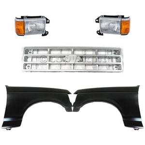 Front Fender Kit for 1989-1991 Ford Bronco, F-150, F-250, F-350, Right Passenger and Left Driver, Primed (Ready to Paint), 5-Piece with Grille and Headlights, Replacement