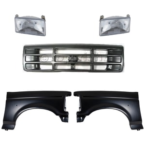 Front Fender Kit for Ford F-Series/F-Super Duty 1992-1997, Right Passenger and Left Driver, Primed (Ready to Paint), 5-Piece Kit with Grille and Headlights, Replacement