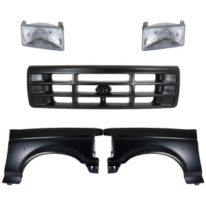 Front Fender Kit for Ford F-Series/F-Super Duty 1992-1997, Right Passenger and Left Driver, Primed (Ready to Paint), 5-Piece with Grille and Headlights Replacement