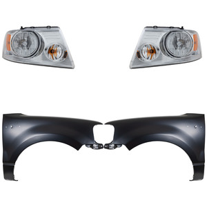 Headlight Assembly for Ford F-150 2004-2006, Right Passenger and Left Driver, Halogen, 4-Piece Kit with Fenders, Replacement