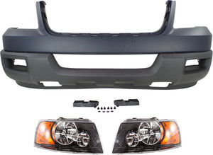 Front Bumper Cover Kit for 2003 Ford Expedition, 3-Piece with Headlights, Sport Utility Vehicle, Replacement