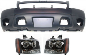 Headlight Assembly for Chevrolet Suburban 1500/Tahoe 2007-2014, Right Passenger and Left Driver, 3-Piece Kit, Halogen, with Bumper Cover, Replacement