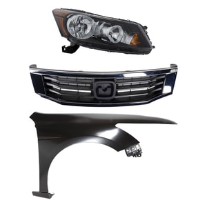 Headlight Assembly Kit for 2008-2010 Honda Accord, Right Passenger Side, Halogen, 3-Piece Kit, with Fender and Grille - (CAPA) Replacement