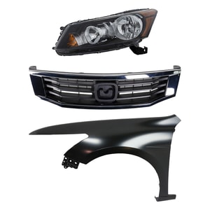 Headlight Assembly Kit for 2008-2010 Honda Accord, Left Driver Halogen, 3-Piece with Fender and Grille - (CAPA) Replacement