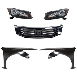 Headlight Assembly Kit for 2008-2010 Honda Accord, Right Passenger and Left Driver, Halogen, 5-Piece Kit with Fenders and Grille - (CAPA) Replacement