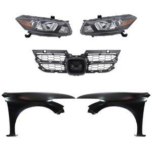 Headlight Assembly Kit for 2011-2012 Honda Accord, Right Passenger and Left Driver, Halogen, 5-Piece Kit, with Fenders and Grille Assembly, Replacement