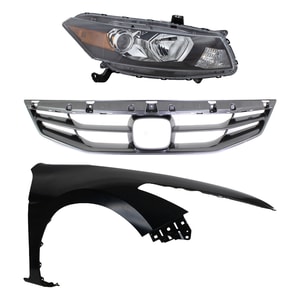 Headlight Assembly Kit for 2011-2012 Honda Accord, Right Passenger Side, 3-Piece Kit, Halogen, with Fender and Grille Assembly, Replacement