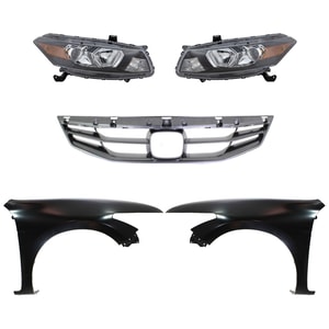 Headlight Assembly Kit for Honda Accord 2011-2012, Right Passenger and Left Driver Sides, Halogen, 5-Piece with Fenders and Grille Assembly, Replacement