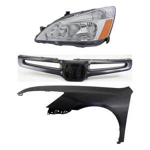 Headlight Assembly Kit for 2003-2005 Honda Accord, Left Driver Side, Halogen, 3-Piece with Fender and Grille Assembly, Replacement