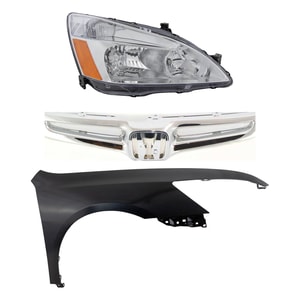 Headlight Assembly Kit for 2003-2005 Honda Accord, Right Passenger Side, Halogen, 3-Piece Set with Fender and Grille Assembly, Replacement