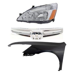 Headlight Assembly Kit for 2003-2005 Honda Accord, Left Driver, Halogen, 3-Piece with Fender and Grille Assembly Replacement