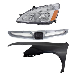 Headlight Assembly Kit for 2006-2007 Honda Accord, Left Driver, Halogen, 3-Piece with Fender and Grille, Replacement