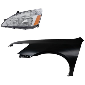 Headlight Assembly Kit for Honda Accord 2003-2006, Left Driver Side, Halogen, 2-Piece Kit, with Fender, Replacement