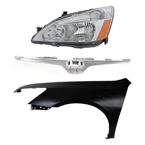 Headlight Assembly Kit for 2003-2005 Honda Accord, Left Driver Side, Halogen, 3-Piece with Fender and Grille Assembly, Replacement