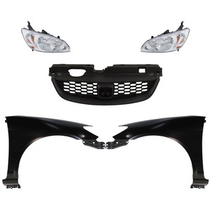 Headlight Kit for 2004-2005 Honda Civic, Includes Right Passenger and Left Driver Halogen Lenses and Housings, 5-Piece with Fenders and Grille, Replacement 
