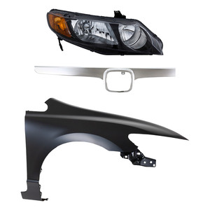 Headlight Kit for 2006-2008 Honda Civic Right Passenger, Includes Lens and Housing, Halogen, 3-Piece Set with Fender and Grille Assembly Replacement